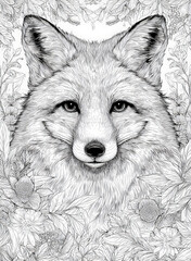 Fototapeta premium Intricate Hand-Drawn Fox Portrait Coloring Page for Adults Featuring a Majestic Red Fox Surrounded by Wildflowers and Detailed Foliage in an Elegant Pen and Ink Line Art Illustration Style