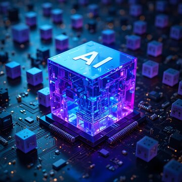 blue transparent ai processor chip model on dark server room background for computing technology