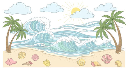 Fototapeta premium Tropical Beach Paradise with Palm Trees Ocean Waves and Seashells Illustration.