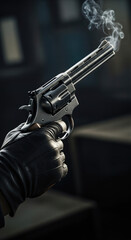 Naklejka premium Hand in black leather glove holding smoking revolver. Criminal firing weapon during robbery or illegal activity. Concept of violence, crime, murder investigation and street danger.