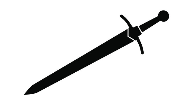 A black silhouette of a medieval longsword on a white background