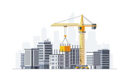 Fototapeta premium Yellow Construction Crane Lifting Building Block.