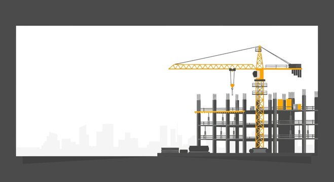 Yellow Construction Crane At Work Site.