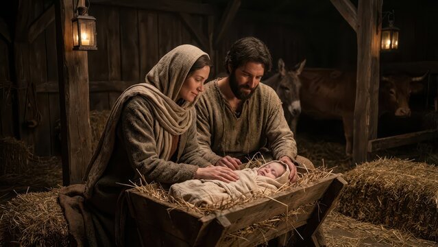 holy family with baby jesus in manger. mary and joseph in wooden stable with animals. nativity scene for christmas holiday. christian religion concept. banner, website header.