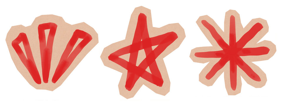 Hand-drawn red star and fan shape sticker set for scrapbooking. Collection of whimsical watercolor doodle cutouts for zine and DIY projects. Isolated on transparent background (PNG format).