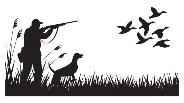 Black and white silhouette of two birds perched on grass