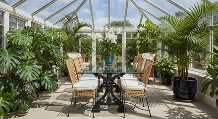 Fototapeta premium Bright Conservatory Dining Room with White Frame and Greenery
