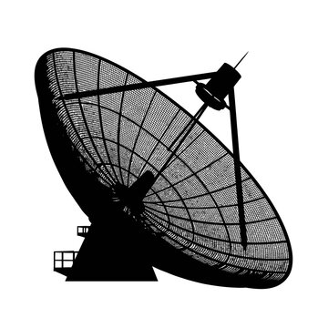 Satellite Antenna Reflector Silhouette, Parabolic Mesh Dish and Telecommunications Concept.