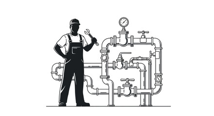 A plumber stands near complex piping with gauges and valves © PROMA