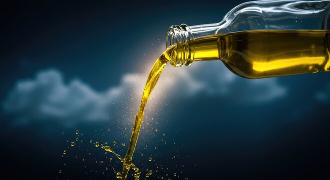 Pouring liquid from glass bottle against dark background