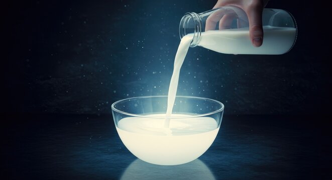 Pouring fresh milk into a bowl with dramatic lighting and copy space