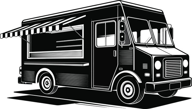 Black Food Truck with Striped Awning on White Background