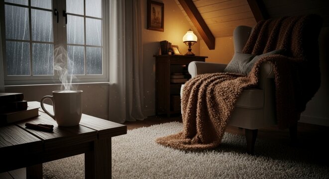 Cozy interior scene featuring coffee cup armchair and warm lighting