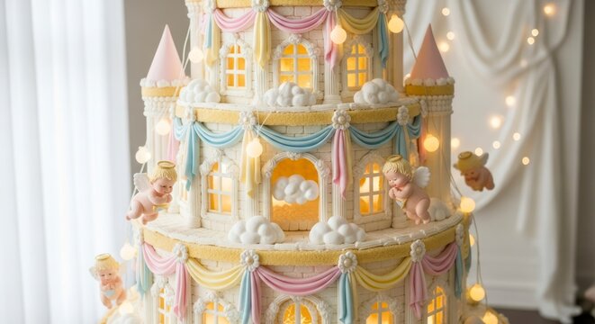 Elaborate cake sculpture resembling a castle with decorative angels and lights