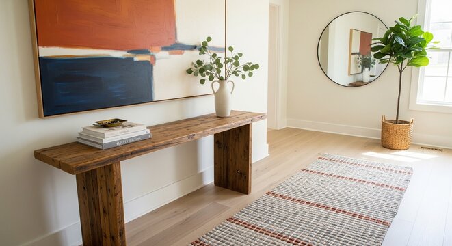 A bright and airy minimalist entryway featuring a simple wooden console table. Above the table hangs a large abstract painting with orange and blue tones.