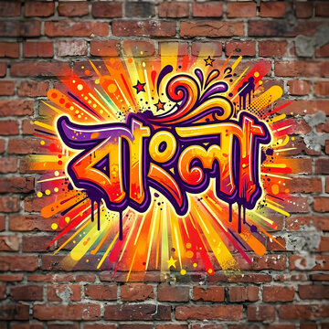 Colorful bangla graffiti on brick wall, with vibrant orange, yellow, and purple hues