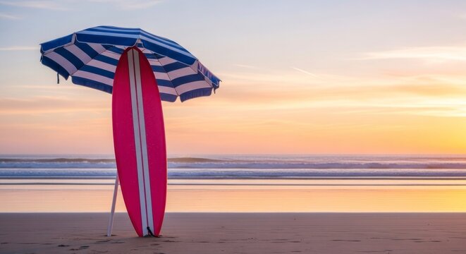 Surfboard with umbrella on sandy beach during sunset serene ocean view
