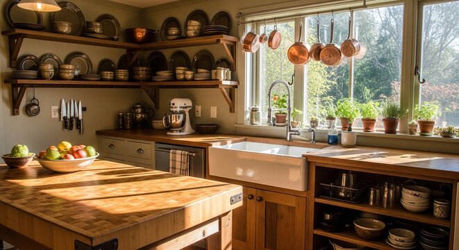 A warm, rustic kitchen with wooden countertops, open shelving filled with ceramics, and copper pans hanging by the window.