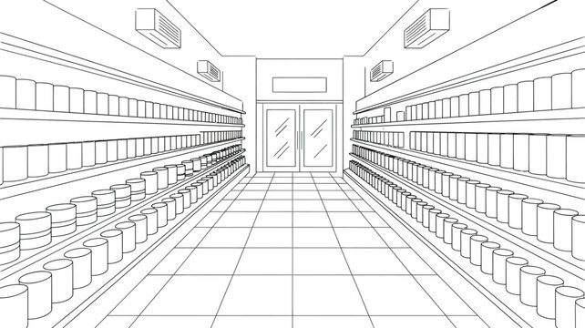Empty Supermarket Aisle with Shelves and Double Doors
