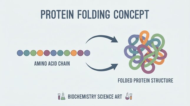 Understanding Protein Folding: An Artistic Representation of Amino Acid Chains Evolving into Complex Structures in Biochemistry