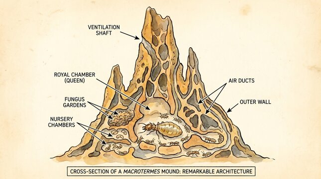 Explore the Intricate Architecture of a Macrotermes Mound: A Fascinating Cross-Section of Termite Society and their Unique Environmental Adaptations