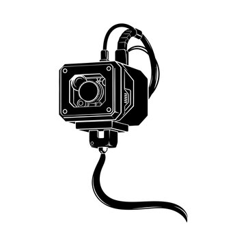 Robotic 3D Printing Head Extruding Filament Black Silhouette Vector for Additive Manufacturing and Rapid Prototyping