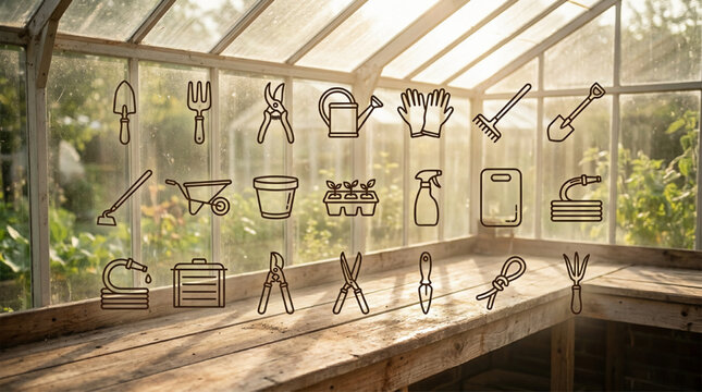 Gardening equipment icon set overlay on a greenhouse background