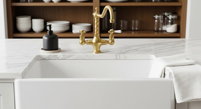 A front view of a white apron-front kitchen sink with a gold faucet, a black soap dispenser, and white dishes on wooden shelves in the background.