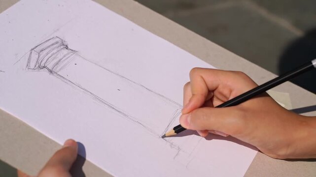 Art outdoor plein-air workshop. Closeup Artist hand female teenager girl draw with pencil sketch. Skeleton drawing architecture. Educational art creative concept
