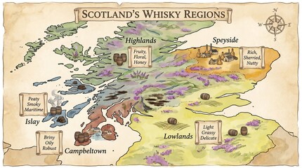 Obraz premium Discover Scotland's Whisky Regions: A Comprehensive Guide to Tasting and Tradition in Craft Distillation