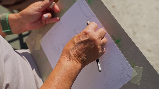 Art outdoor plein-air workshop. Closeup Artist hand female senior woman draw with pencil sketch. Skeleton drawing architecture. Educational art creative concept