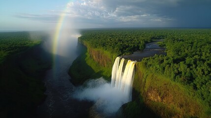 Naklejka premium Majestic iguazu falls argentina aerial view lush environment scenic landscape nature's wonder with rainbow