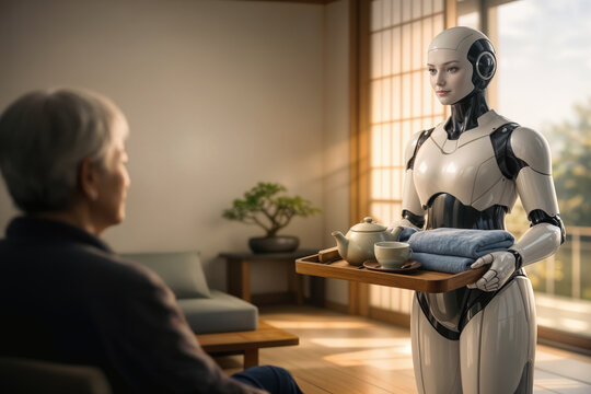 Humanoid home care robot assisting elderly person with tea and blanket in modern Japanese living room symbolizing domestic AI elderly care future of assisted living and caregiving technology
