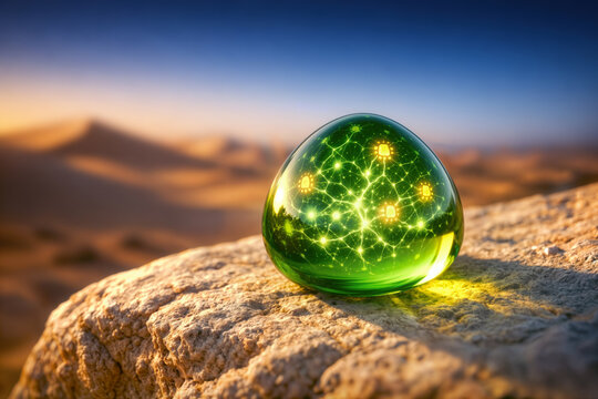 Green hydrogen droplet on Saharan stone with glowing fractal energy network and solar icons symbolizing desert solar to hydrogen energy export transition and sustainability