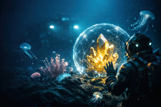 Deep-Sea mineral gold rush crystal protected by holographic shield on abyssal plain with diver gesture Protect the Abyssal Plain conservation activism concept