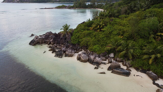 Aerial view of lush green coast, dark rocks, and calm shallow sea with sandy beach and clear turquoise water.