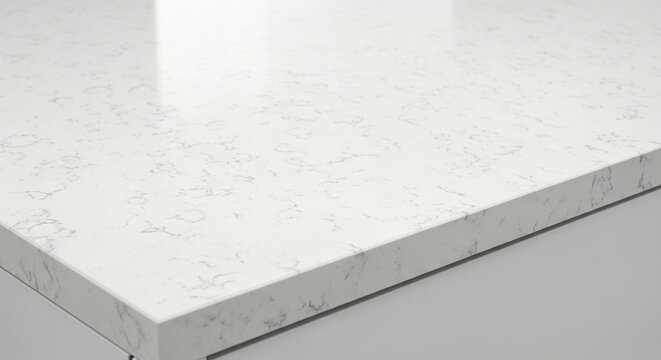 A clean, wide-angle shot of a white stone countertop with light grey flecks, perfect for kitchen or bathroom design.