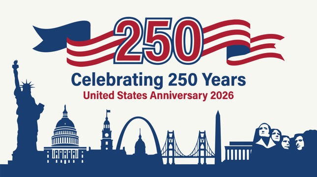 USA 250 Years Banner with American Flag Wave and Statue of Liberty, American Independence Anniversary 2026 Patriotic Flag Design, 250 Years of Freedom USA Banner with Liberty Icon and Flag