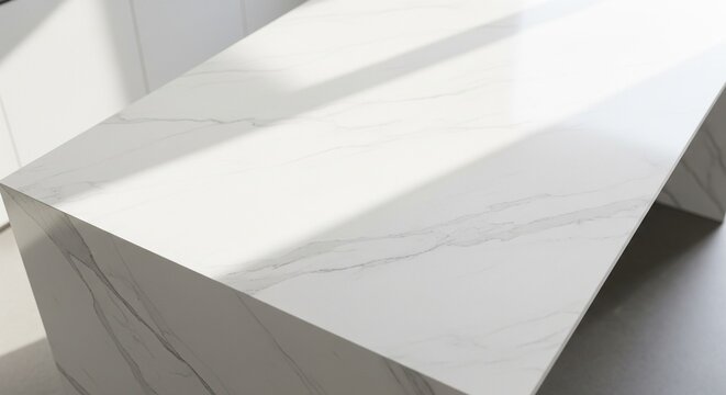 An angled view of a modern white marble kitchen island with soft sunlight reflecting on its polished surface.