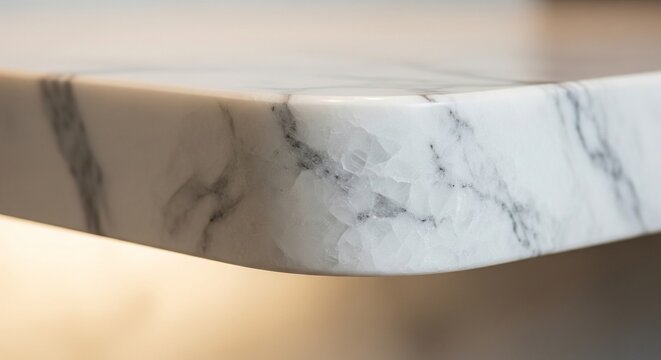 A close-up shot of a white marble countertop corner with elegant grey veining and a smooth rounded edge.