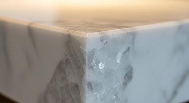 A close-up of a sharp corner of a white marble block with gray veins and a slightly crystalline texture.
