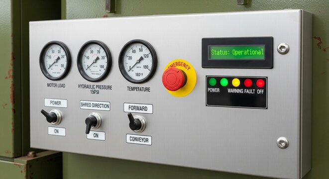 A gray industrial control box with three circular gauges, several toggle switches, and a digital display showing "Status: Operational."