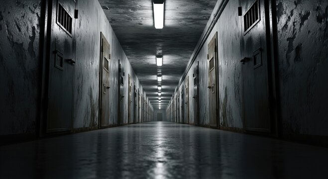 Dark corridor with rows of prison cell doors in old jail. Dim hallway with light reflecting on floor. Concept of punishment, incarceration, detention and crime inside correctional facility.