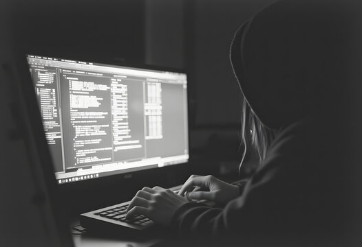 back view of hacker in hood working on computer coding in dark room