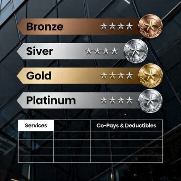 Health insurance plan levels with bronze silver gold and platinum tiers, medical services comparison table, corporate benefit coverage options isolated on White Background