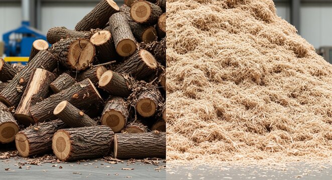 Side-by-side comparison of raw wood logs and a pile of fresh wood sawdust.