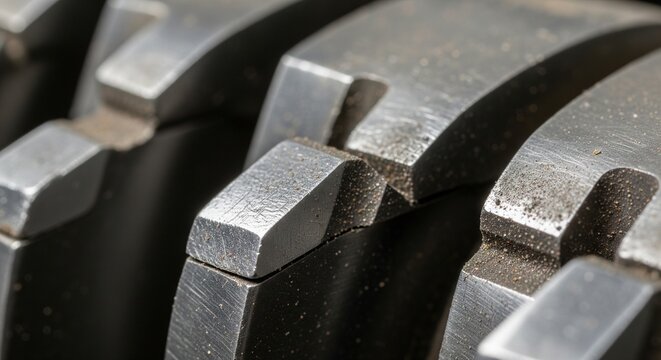 A macro shot showing the sharp metal teeth of an industrial gear or shredding roller.