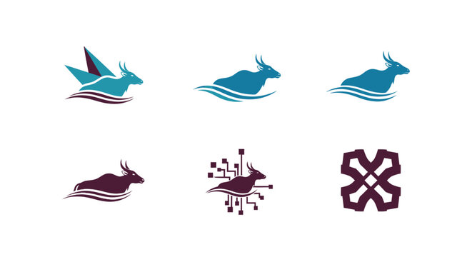 A collection of six stylized logos featuring a horned animal figure in varying designs