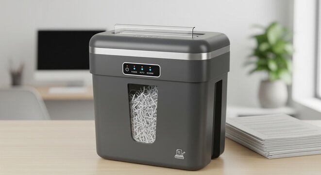 A modern dark grey paper shredder sitting on an office desk filled with shredded paper.