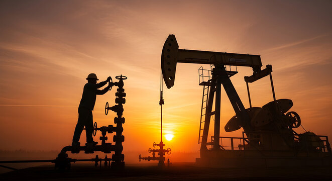 Oil worker is checking the oil pump on the sunset background.